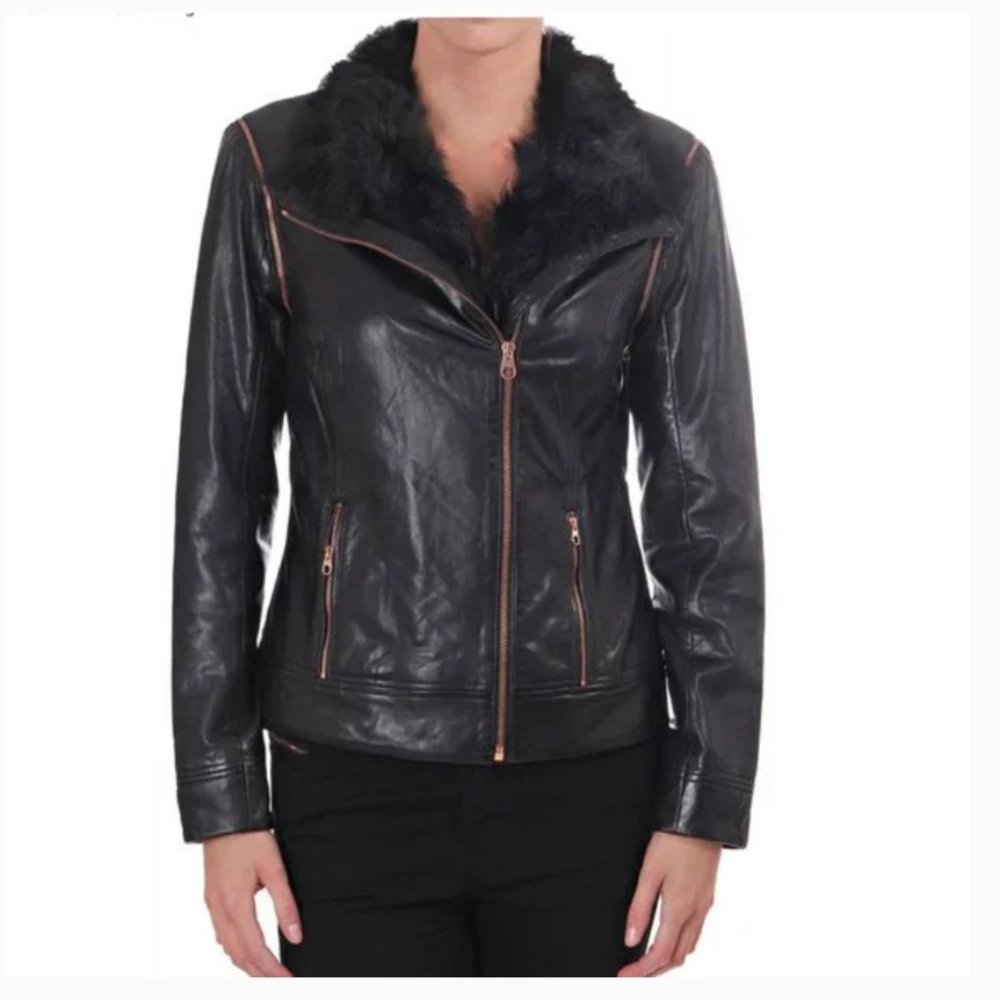 Ted Baker Tirely Furrly Detachable Sleeve Black Leather Jacket vest size 1 nwot